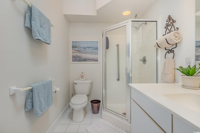 17 Racquet Club Dr, Pawleys Island, SC 29585 - bathroom featuring a stall shower, tile patterned floors, toilet, vanity, and baseboards