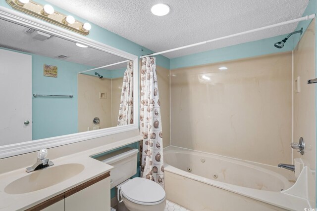 full bathroom featuring a textured ceiling, shower / bath combo with shower curtain, vanity, and toilet