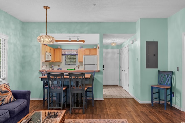 kitchen with dark wood-type flooring, white appliances, electric panel, and light brown cabinetry