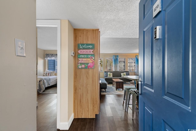 entryway with dark hardwood / wood-style floors and a textured ceiling