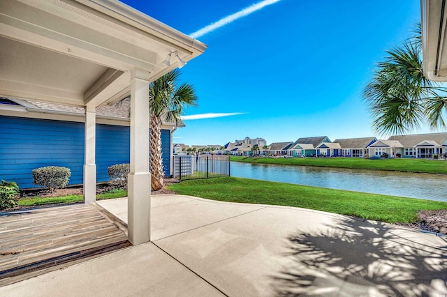 view of patio / terrace featuring a water view