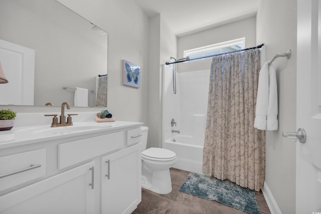 full bathroom with toilet, vanity, and shower / bath combination with curtain