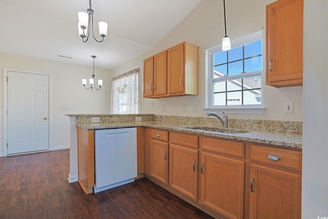 kitchen featuring kitchen peninsula, decorative light fixtures, sink, dishwasher, and a chandelier