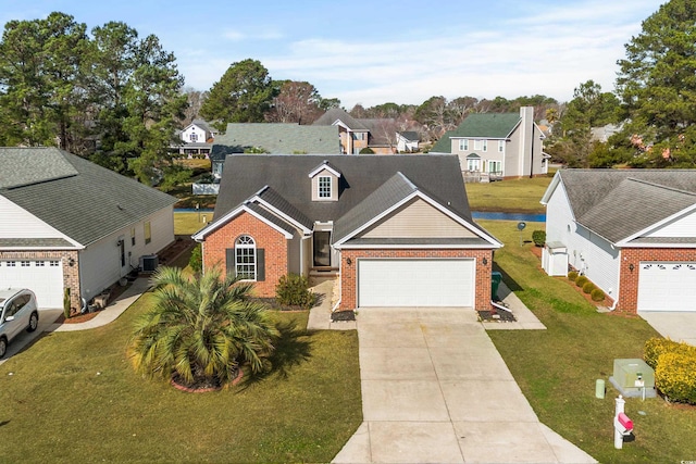 view of front facade with central AC, a front yard, and a garage