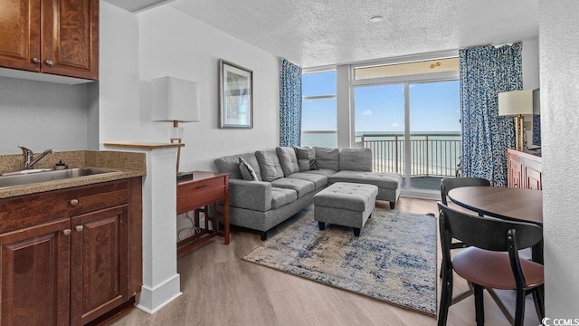 living area with a water view, light wood-style flooring, floor to ceiling windows, and a textured ceiling