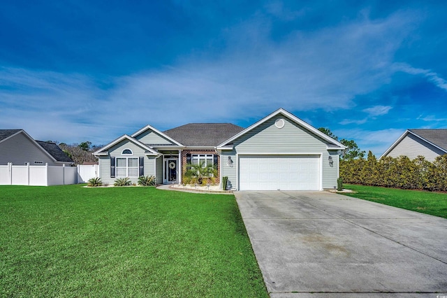 ranch-style home with a front lawn and a garage