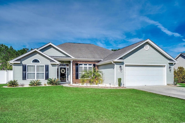 single story home with a garage and a front lawn