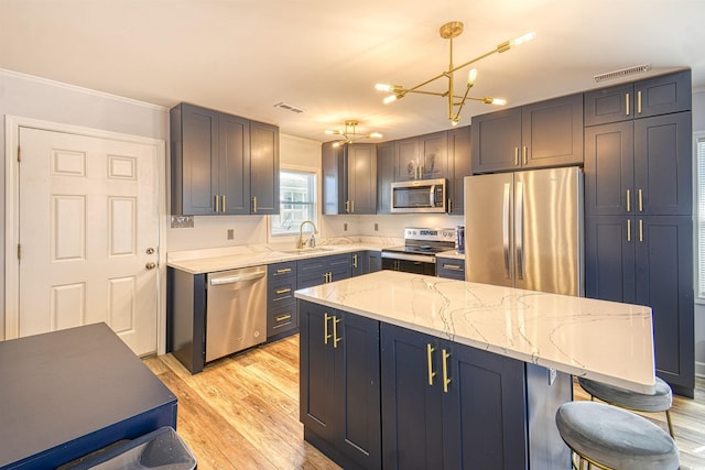 kitchen featuring visible vents, appliances with stainless steel finishes, light wood-style floors, a kitchen bar, and a sink