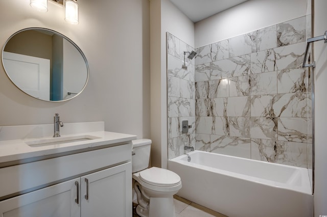 full bathroom with tiled shower / bath combo, vanity, and toilet