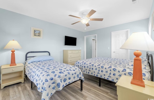 bedroom with hardwood / wood-style flooring and ceiling fan