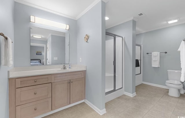 bathroom featuring ornamental molding, vanity, tile patterned flooring, and a shower with shower door