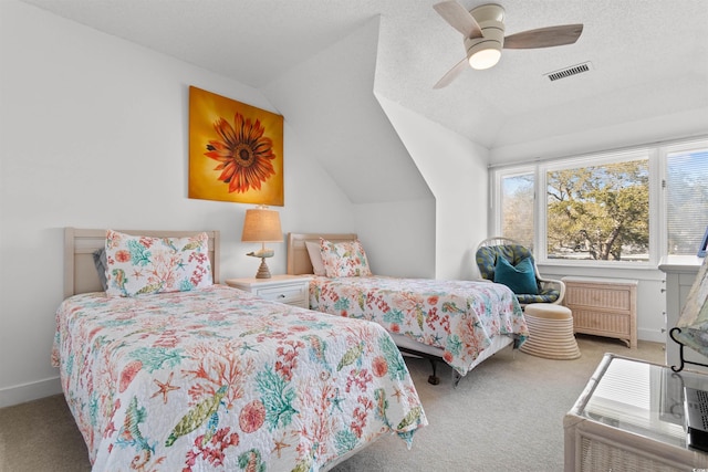 carpeted bedroom featuring lofted ceiling, a textured ceiling, visible vents, baseboards, and radiator heating unit