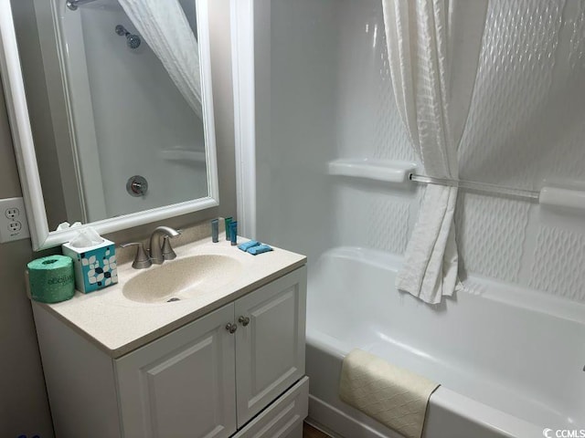 full bath with vanity and shower / tub combo with curtain