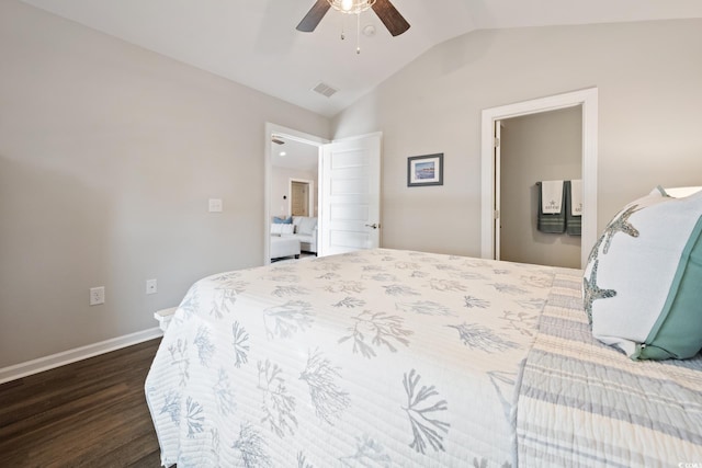 bedroom with dark wood-style floors, visible vents, a ceiling fan, vaulted ceiling, and baseboards