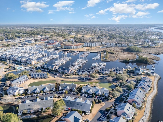 aerial view featuring a water view and a residential view