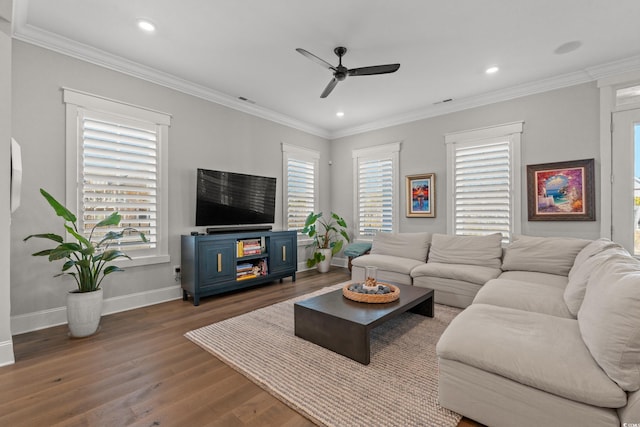 living area with baseboards, ceiling fan, ornamental molding, dark wood-style flooring, and recessed lighting