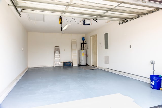 garage featuring electric panel, electric water heater, and a garage door opener