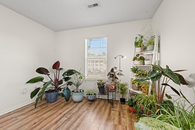 misc room featuring wood finished floors, visible vents, and baseboards