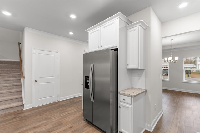 1043 Harbison Cir, Myrtle Beach, SC 29579 - kitchen with stainless steel refrigerator with ice dispenser, white cabinetry, dark wood finished floors, baseboards, and recessed lighting