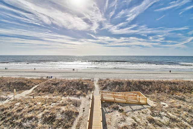 view of water feature with a beach view