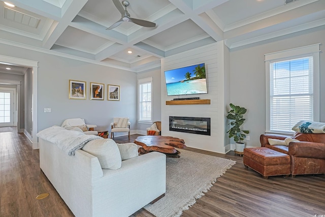 living room with coffered ceiling, visible vents, dark wood-style floors, beamed ceiling, and a glass covered fireplace