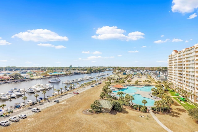 aerial view featuring a water view