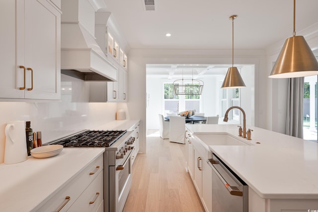1328 Foxtail Dr, Longs, SC 29568 - kitchen featuring range with gas cooktop, stainless steel dishwasher, a sink, custom exhaust hood, and light wood-style floors