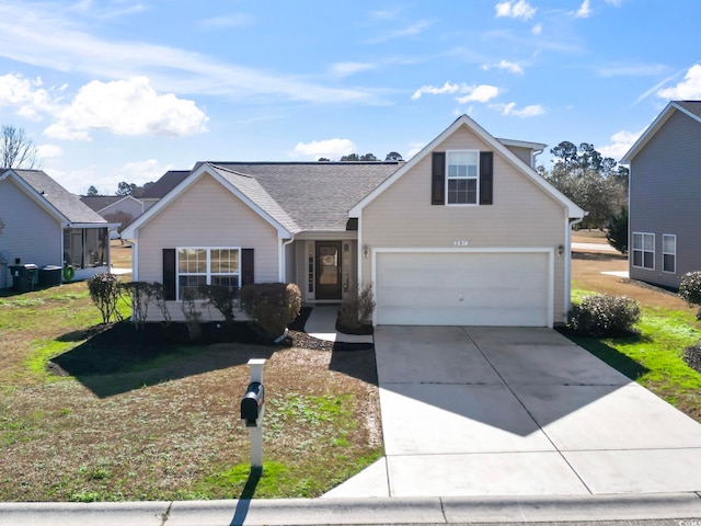 traditional home with driveway, a shingled roof, and an attached garage