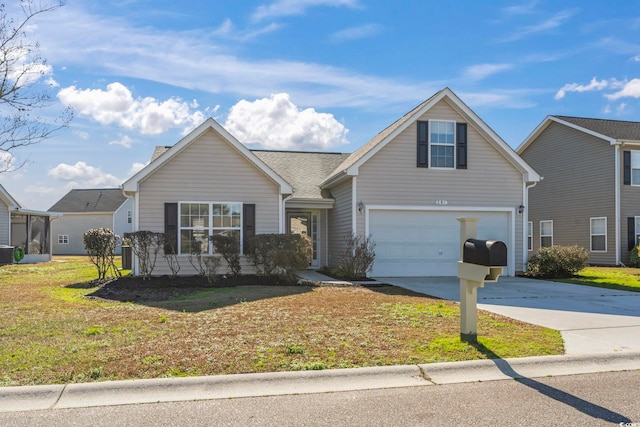 traditional-style home with a garage, a front yard, concrete driveway, and central air condition unit