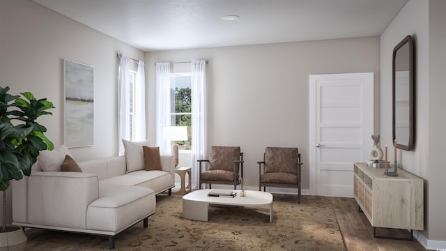 living area featuring dark wood finished floors and baseboards