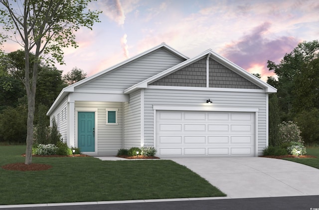 ranch-style home with driveway, a yard, and an attached garage