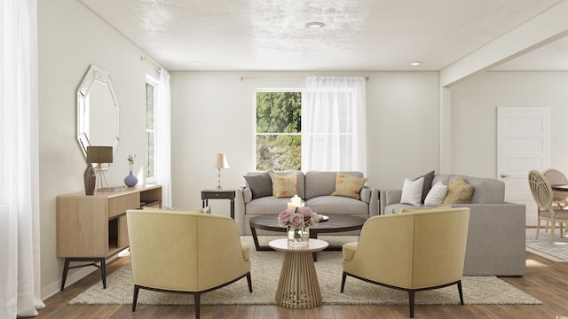 living area featuring wood finished floors and recessed lighting