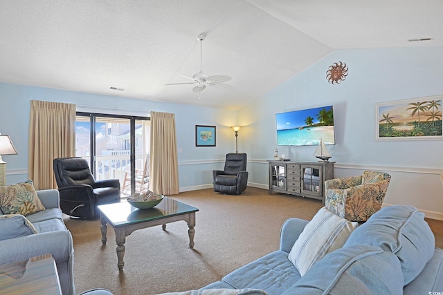 carpeted living room featuring baseboards, visible vents, a ceiling fan, lofted ceiling, and a textured ceiling