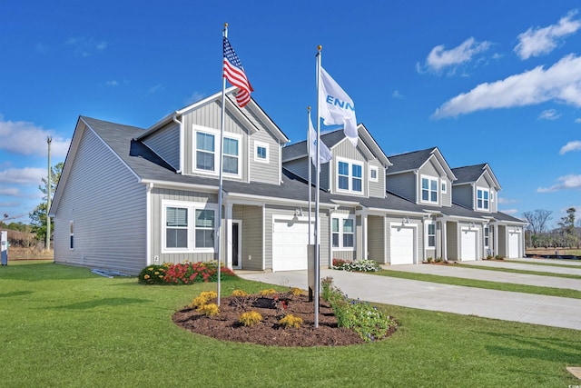 view of front facade with an attached garage, driveway, board and batten siding, and a front yard