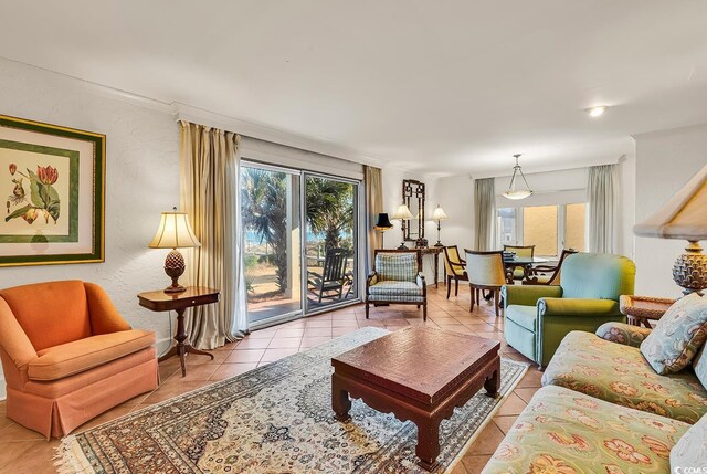 living area featuring a wealth of natural light and light tile patterned floors