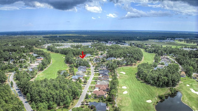 drone / aerial view featuring a water view and golf course view