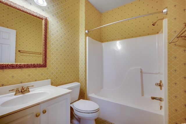 full bathroom with shower / tub combination, vanity, toilet, and wallpapered walls