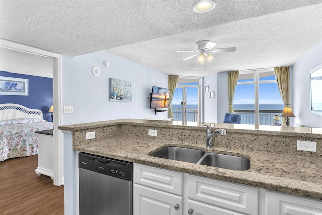 kitchen featuring stainless steel dishwasher, a sink, a textured ceiling, dark wood finished floors, and ceiling fan