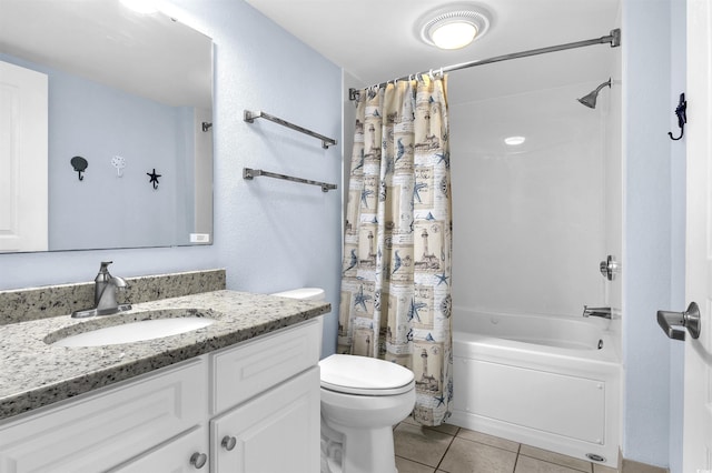 bathroom with tile patterned floors, vanity, shower / tub combo with curtain, toilet, and visible vents