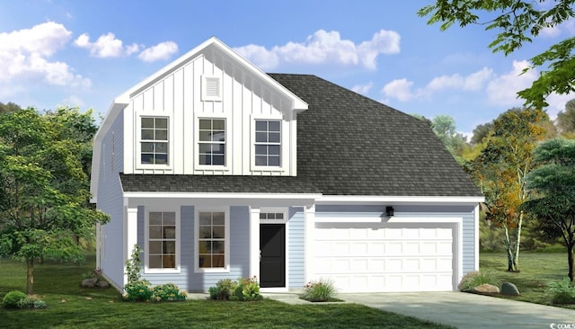 view of front facade featuring a garage, a shingled roof, driveway, board and batten siding, and a front yard