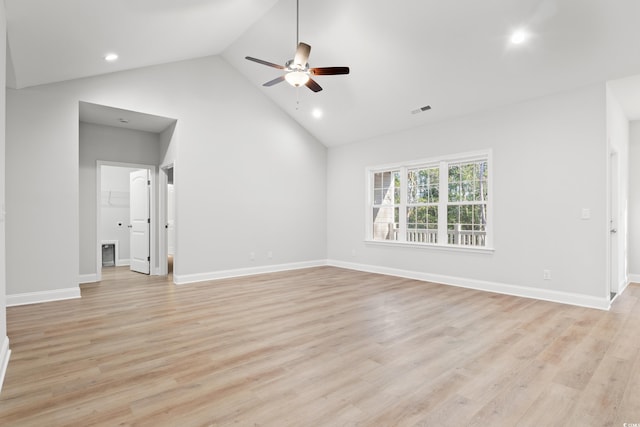 unfurnished living room with light wood finished floors, recessed lighting, a ceiling fan, high vaulted ceiling, and baseboards