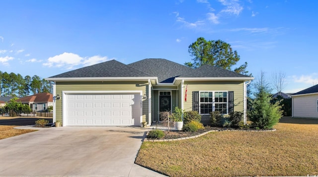 ranch-style home featuring driveway, a front lawn, an attached garage, and a shingled roof