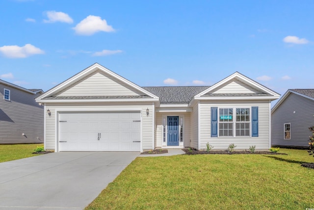 ranch-style home with a shingled roof, a front yard, concrete driveway, and an attached garage