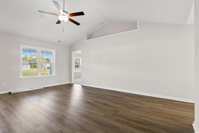 empty room with visible vents, baseboards, ceiling fan, dark wood-style flooring, and high vaulted ceiling