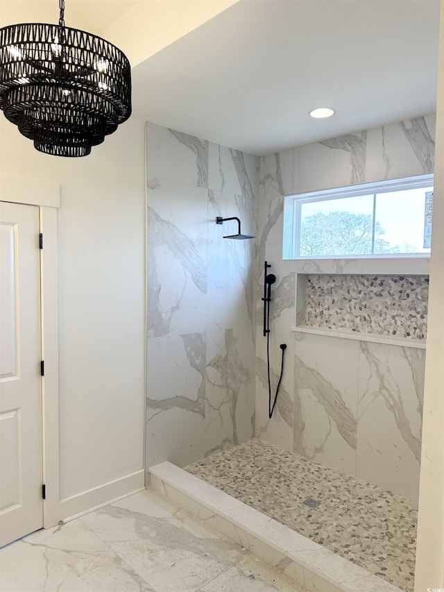 full bath with marble finish floor, a marble finish shower, baseboards, and recessed lighting