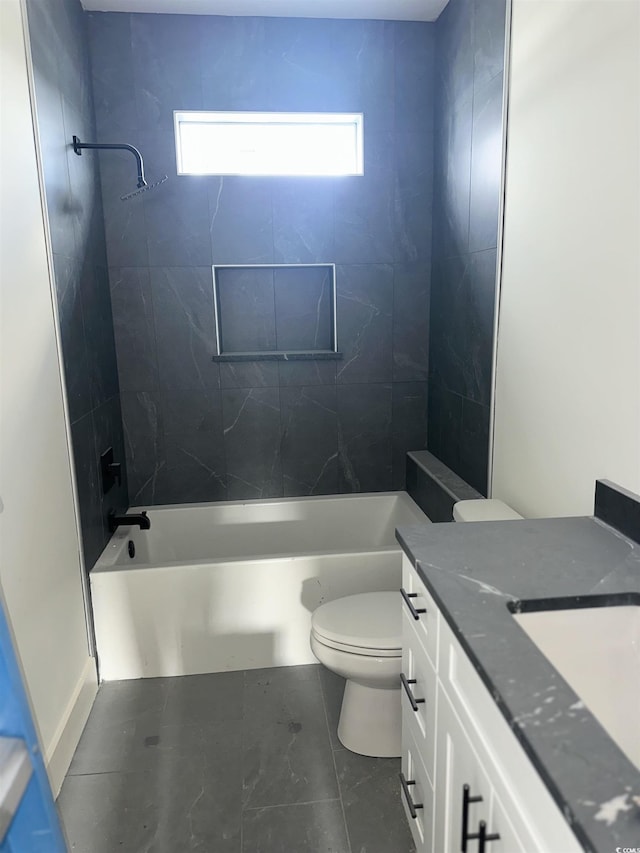 bathroom with shower / bath combination, vanity, and toilet