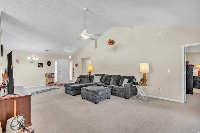 living room featuring a textured ceiling, ceiling fan with notable chandelier, carpet, and baseboards