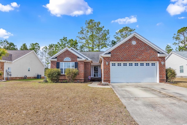 ranch-style house featuring a garage, driveway, brick siding, and a front lawn