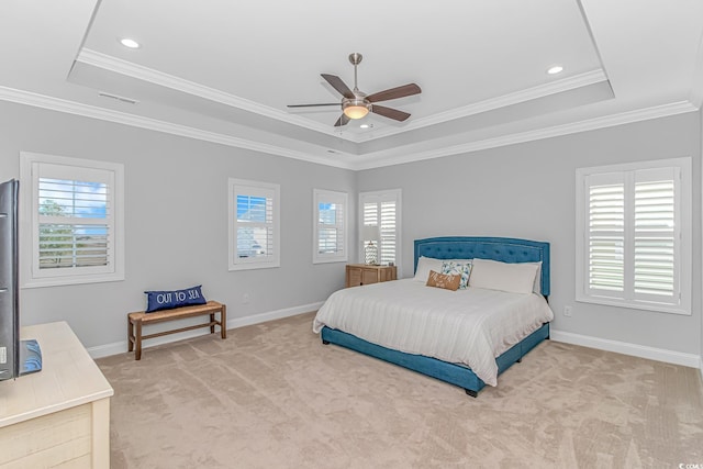 bedroom featuring a tray ceiling, carpet flooring, and multiple windows