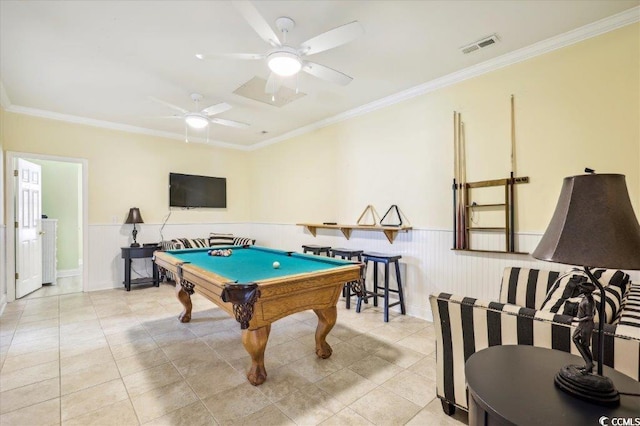 817 S Ocean Blvd Unit 105, North Myrtle Beach, SC 29582 - rec room with pool table, wainscoting, crown molding, tile patterned flooring, and a ceiling fan